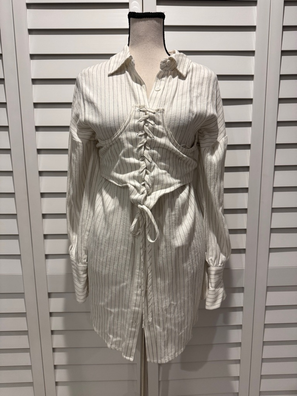 Le Lis Ivory Striped Lace-Up open Corset  oversized buttoned down Shirt.